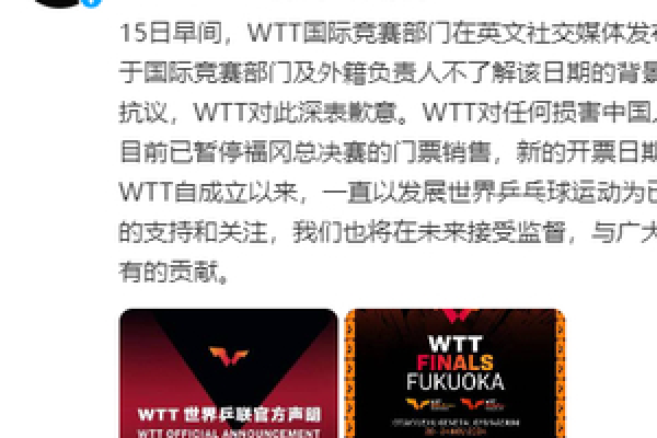 WTT官方道歉：不了解918背景深表歉意 已暂停福冈总决赛门票销售